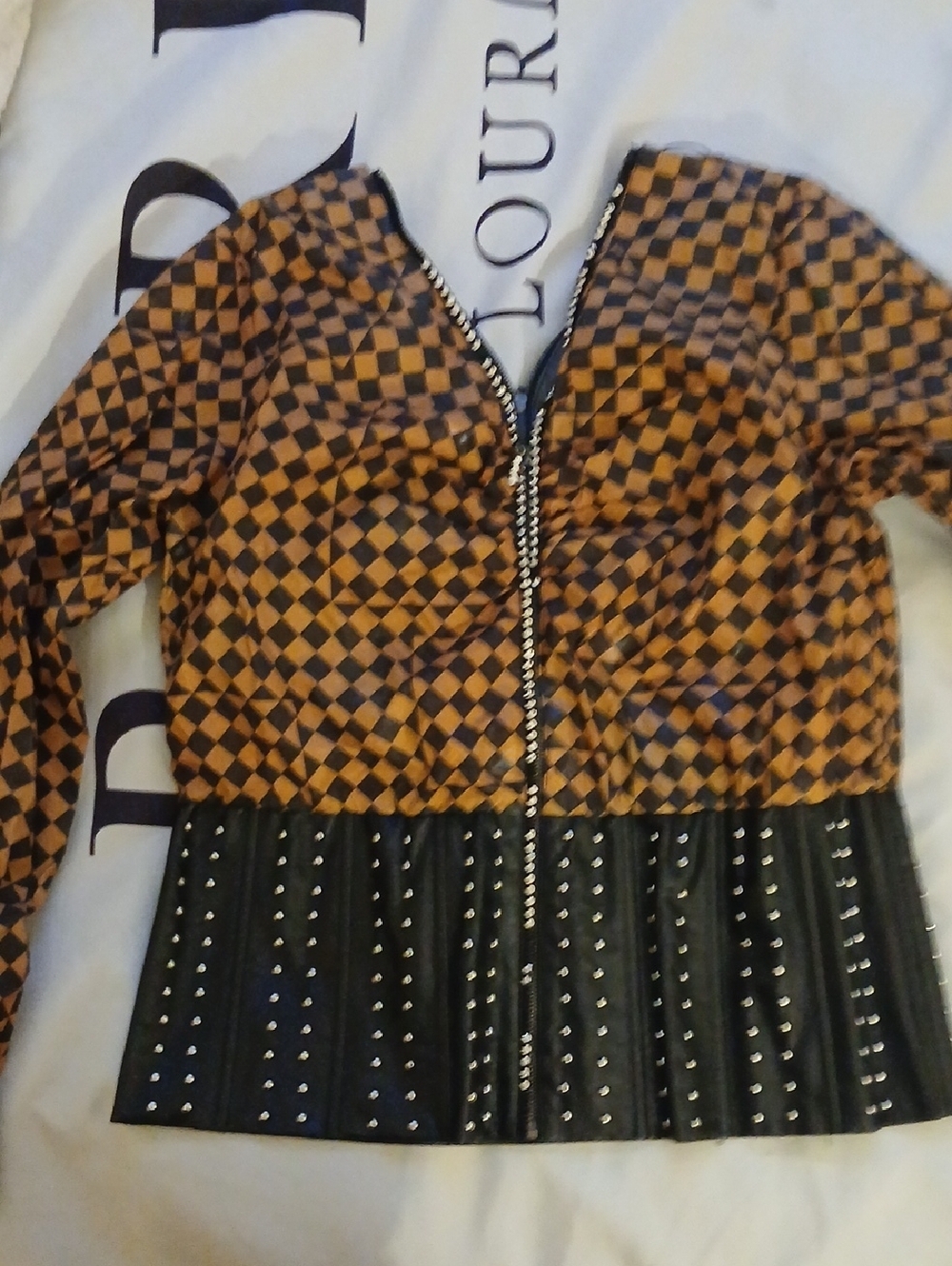 Checkerboard Zip Front Jacket in Brown and Black